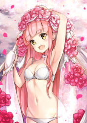 Rule 34 | 1girl, :d, arm up, armpits, blush, bra, breasts, bridal veil, cleavage, fate/grand order, fate (series), flower, hand up, highres, hilo (joy hero), hip focus, long hair, looking at viewer, medb (fate), navel, open mouth, panties, petals, pilokey, pink flower, pink hair, sidelocks, small breasts, smile, solo, underwear, upper body, veil, very long hair, white bra, white panties, yellow eyes