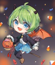 Rule 34 | 1girl, :d, black jacket, black nails, black thighhighs, blue eyes, boots, brown footwear, candy, candy corn, chibi, commentary, dated, demon girl, demon horns, demon wings, english commentary, fang, food, frilled sleeves, frills, full body, green hair, hair between eyes, halloween bucket, holding, horns, jacket, kobutanori, long sleeves, looking at viewer, nail polish, open mouth, original, red wings, shirt, short hair, signature, sleeves past wrists, smile, solo, thighhighs, thighhighs under boots, white shirt, wide sleeves, wings
