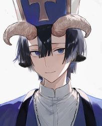 Rule 34 | 1boy, absurdres, animal ears, blue eyes, blue hair, demon cleric, goat boy, goat ears, goat horns, grey background, hat, highres, horns, light, looking at viewer, male focus, maou-jou de oyasumi, shade, short hair, simple background, smile, solo, suechimu