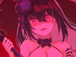 Rule 34 | 1girl, :d, breasts, cleavage, commentary, english commentary, flower, hair flower, hair ornament, highres, holding, holding scythe, holding weapon, honkai (series), honkai impact 3rd, long hair, medium breasts, open mouth, red background, red eyes, red flower, red hair, red theme, rlaalsrb69, scythe, seele (alter ego), seele vollerei, seele vollerei (herrscher of rebirth), simple background, smile, solo, upper body, very long hair, weapon