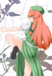 Rule 34 | 1girl, beret, blue eyes, bow, braid, dress, female focus, fighting stance, from behind, hair bow, hat, high kick, hong meiling, kicking, kurone, long hair, pink hair, profile, shoes, smile, solo, standing, standing on one leg, touhou, white background