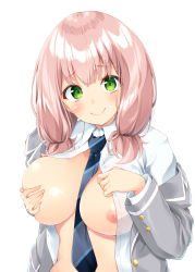 Rule 34 | 1girl, aito (indigorabbit), bang dream!, between breasts, blazer, blue necktie, blush, breast hold, breasts, breasts out, closed mouth, collared shirt, comiket 97, covering nipples, covering privates, green eyes, grey jacket, haneoka school uniform, jacket, large breasts, long sleeves, looking at viewer, low twintails, medium hair, necktie, necktie between breasts, nipples, off-shoulder jacket, off shoulder, open clothes, open shirt, pink hair, school uniform, shirt, short twintails, simple background, smile, solo, twintails, uehara himari, upper body, white background, white shirt, wing collar