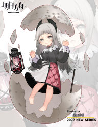Rule 34 | 1girl, 2022, absurdres, aged down, arknights, artist name, barefoot, black dress, breasts, claw pose, commentary, copyright name, dated commentary, dress, eggshell, full body, grey eyes, grey hair, hands up, hatching, head wings, highres, irene (arknights), kuroshiroemaki, lantern, long sleeves, looking at viewer, multicolored clothes, multicolored dress, open mouth, pink dress, romaji commentary, scar, scar across eye, small breasts, sword, weapon, white background, white dress, wings, zoom layer