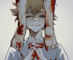 Rule 34 | 1boy, bandaid, bandaid on face, bandaid on nose, barefoot, basil (faraway) (omori), basil (omori), blonde hair, blood, blood on clothes, blood on feet, blood on hands, blood on leg, closed eyes, closed mouth, crying, hisenzs, interlocked fingers, male focus, official alternate costume, omori, own hands clasped, own hands together, shirt, short hair, smile, spoilers, white shirt