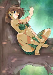 Rule 34 | 1girl, arm across chest, armpits, bad id, bad pixiv id, barefoot, blue eyes, bodypaint, branch, brown hair, collarbone, creatures (company), day, eyelashes, fangs, feet, female focus, fingernails, flat chest, full body, game freak, gen 3 pokemon, grass skirt, hand on own leg, hand up, happy, high ponytail, in tree, knees apart feet together, leaf bikini, legs, looking to the side, may (pokemon), medium hair, midriff, nature, navel, neck, nintendo, no bra, no panties, open mouth, outdoors, outstretched arms, pokemon, pokemon adventures, ponytail, sharp fingernails, sharp toenails, short ponytail, side bangs, sidelocks, sitting, sitting in tree, smile, smirk, spread arms, spread legs, suika-tk, sunlight, thighs, toenails, toes, tomboy, tongue, tongue out, tree, v-shaped eyebrows