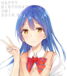 Rule 34 | 1girl, absurdres, bad id, bad twitter id, birthday, blue hair, blush, bow, bowtie, commentary request, dated, flat (joppin karu!), hair between eyes, happy birthday, highres, long hair, looking at viewer, love live!, love live! school idol project, otonokizaka school uniform, red bow, red bowtie, school uniform, short sleeves, simple background, smile, solo, sonoda umi, striped bow, striped bowtie, striped clothes, striped neckwear, upper body, v, vest, white background, yellow eyes