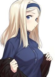Rule 34 | 1girl, absurdres, aleksandra i. pokryshkin, blonde hair, blue eyes, blue shirt, blush, brave witches, breasts, fankupl, fingernails, hair ornament, hairband, highres, long fingernails, looking at viewer, medium breasts, medium hair, open mouth, shirt, simple background, solo, upper body, white background, world witches series