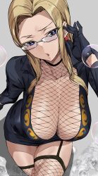 Rule 34 | 1girl, ashiomi masato, black dress, black gloves, blonde hair, breasts, bubble, cleavage, collarbone, dress, earrings, fishnet thighhighs, fishnet top, fishnets, garter straps, glasses, gloves, grey background, hair over shoulder, highres, jewelry, kalifa (one piece), large breasts, long hair, looking at viewer, one piece, parted bangs, parted lips, purple eyes, short dress, soap bubbles, solo, thighhighs, thighs, twitter username