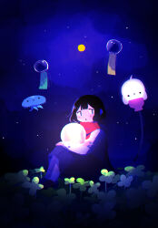 Rule 34 | 1girl, black hair, cable, clover, commentary request, four-leaf clover, full moon, ghost, grey skirt, highres, jellyfish, knees up, light bulb, long sleeves, looking at viewer, mamei mema, moon, night, night sky, on ground, original, outdoors, red scarf, scarf, shirt, short hair, sitting, skirt, sky, solo, star (sky), starry sky, white shirt, wide shot, wind chime