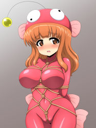 Rule 34 | 10s, 1girl, anglerfish, anglerfish costume, arms behind back, bdsm, blunt bangs, blush, bodysuit, bondage, bound, breasts, brown eyes, brown hair, covered navel, crotch rope, fish, fish costume, girls und panzer, grey background, hat, hiraga daidai, large breasts, long hair, looking at viewer, open mouth, orange hair, pink bodysuit, rope, shibari, shibari over clothes, solo, takebe saori