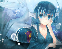Rule 34 | 1girl, blue eyes, blue hair, breasts, bubble, cleavage, female focus, fins, hand on own face, head fins, japanese clothes, long sleeves, lying, matching hair/eyes, mermaid, monster girl, obi, on stomach, sash, short hair, smile, solo, tika (mika4975), touhou, underwater, wakasagihime, water, wide sleeves