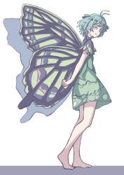 Rule 34 | 1girl, absurdres, antennae, aqua hair, barefoot, butterfly wings, dress, eternity larva, fairy, full body, green dress, hair between eyes, highres, insect wings, kame (kamepan44231), leaf, leaf on head, multicolored clothes, multicolored dress, one-hour drawing challenge, open mouth, short hair, short sleeves, single strap, solo, touhou, wings, yellow eyes