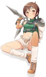 Rule 34 | 1girl, asymmetrical clothes, asymmetrical legwear, blush, boots, breasts, brown eyes, brown hair, crop top, drizzlea, female focus, final fantasy, final fantasy vii, fingerless gloves, fishnets, gloves, headband, highres, holding, holding weapon, midriff, navel, ninja, open fly, pauldrons, ribbed sweater, shoes, short hair, short shorts, shorts, shoulder armor, simple background, sitting, small breasts, socks, solo, sweater, unbuttoned, uneven legwear, weapon, white background, yuffie kisaragi