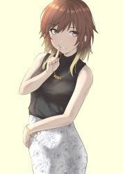 Rule 34 | 1girl, absurdres, aketa mikoto, bare arms, bare shoulders, black shirt, bracelet, brown eyes, brown hair, finger to mouth, floral print, gradient background, gradient hair, hair between eyes, highres, idolmaster, idolmaster shiny colors, jewelry, looking at viewer, medium hair, multicolored hair, necklace, open mouth, print skirt, shignonpencil, shirt, skirt, sleeveless, sleeveless shirt, sleeveless turtleneck, smile, solo, teeth, turtleneck, white skirt