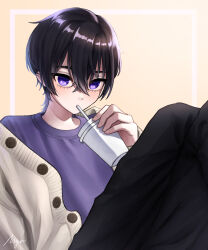 Rule 34 | 1boy, absurdres, artist name, black hair, black pants, buttons, cardigan, commentary request, drinking, drinking straw, highres, light blush, miyano (user nhea8337), open cardigan, open clothes, original, pants, purple eyes, purple shirt, shirt, short hair, signature, simple background, sitting, solo, t-shirt
