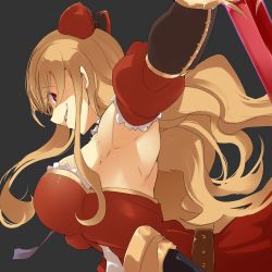 Rule 34 | 10s, 1girl, armpits, bare shoulders, bebebe (pepegakii), belt, blonde hair, bow, breasts, detached sleeves, dress, granblue fantasy, grey background, hair bow, highres, large breasts, long hair, looking at viewer, red eyes, shaded face, sheath, simple background, smirk, solo, sword, vira (granblue fantasy), weapon