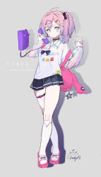 Rule 34 | 1girl, absurdres, ahoge, animal bag, black skirt, breasts, collared shirt, copyright request, corded phone, crossed legs, drop shadow, english text, full body, grey background, grey eyes, hair intakes, hair ornament, hairclip, hands up, highres, holding, holding phone, jiujiuyatou (yayanzz), kneehighs, layered sleeves, long sleeves, nail polish, one side up, phone, pink footwear, pink hair, pleated skirt, puffy long sleeves, puffy sleeves, red nails, sandals, see-through, see-through sleeves, shirt, short over long sleeves, short sleeves, signature, simple background, skirt, sleeves past wrists, small breasts, socks, solo, standing, star (symbol), white shirt, white socks