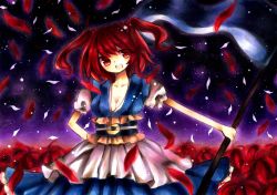 Rule 34 | 1girl, bad id, bad pixiv id, breasts, cleavage, dress, female focus, flower, highres, marker (medium), medium breasts, namakuby, nature, obi, onozuka komachi, outdoors, petals, plant, purple theme, red eyes, red hair, sash, scythe, short hair, short twintails, sky, solo, touhou, traditional media, twintails, two side up, weapon