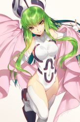 Rule 34 | 1girl, breasts, c.c., code geass, cosplay, covered navel, creayus, detached sleeves, green hair, groin, hat, houshin engi, leotard, long hair, simple background, smile, so dakki, so dakki (cosplay), solo, thighhighs, twitter username, white background, white thighhighs, yellow eyes