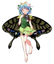 Rule 34 | 1girl, alphes (style), antennae, aqua hair, bandaid, barefoot, brown eyes, butterfly wings, commentary request, dairi, dirt, dress, eternity larva, fairy, flat chest, full body, hand on own chest, highres, insect wings, leaf, leaf on head, multicolored clothes, multicolored dress, open mouth, parody, simple background, solo, style parody, tears, torn clothes, touhou, transparent background, wings