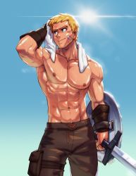 Rule 34 | 1boy, abs, armpits, artist name, bandaid, bandaid on face, bara, biceps, blonde hair, bruise, bruise on face, dirty, dirty face, gauntlets, highres, injury, large pectorals, leather, leather pants, looking to the side, male focus, manly, mature male, mondoart, muscular, muscular male, nipples, original, pants, pectorals, shield, short hair, signature, sky, smile, solo, sun, sunlight, sweat, sweatdrop, sword, topless male, towel, towel around neck, weapon