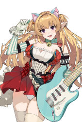 Rule 34 | 1girl, :d, absurdres, animal ear fluff, animal ears, arm up, bare shoulders, bell, blonde hair, blue collar, bow, breasts, cat ears, cleavage, collar, collarbone, commentary request, detached sleeves, dress, electric guitar, fangs, ganida boushoku, gloves, guitar, hair bobbles, hair ornament, head tilt, highres, holding, holding instrument, instrument, long hair, long sleeves, medium breasts, neck bell, open mouth, original, panties, plaid, plaid bow, pleated dress, plectrum, pointy ears, purple eyes, red bow, red dress, simple background, smile, solo, striped sleeves, thick eyebrows, thighhighs, two side up, underwear, very long hair, white background, white gloves, white panties, white thighhighs