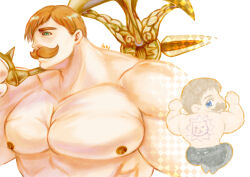 Rule 34 | 1boy, abs, axe, back tattoo, bara, brown hair, chibi, chibi inset, escanor, holding, holding axe, huge pectorals, looking ahead, looking back, male focus, mature male, nanatsu no taizai, nipples, nude, over shoulder, short hair, solo, tattoo, thick mustache, tko344g, upper body, weapon, weapon over shoulder