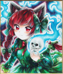 Rule 34 | 1girl, :3, absurdres, ahoge, animal ears, bow, bowtie, braid, breasts, cat ears, closed mouth, commentary request, dress, frilled sleeves, frills, green bow, green dress, hair bow, highres, holding, holding skull, kaenbyou rin, long hair, long sleeves, looking at viewer, maa (forsythia1729), marker (medium), medium breasts, red bow, red bowtie, red eyes, red hair, shikishi, skull, smile, solo, touhou, traditional media, twin braids, v-shaped eyebrows