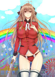 Rule 34 | 10s, 1girl, aiguillette, amagi brilliant park, antenna hair, bad id, bad pixiv id, breasts, brown eyes, brown hair, cowboy shot, frown, gun, hand on own chest, large breasts, long hair, looking at viewer, no pants, panties, rifle, sento isuzu, solo, thighhighs, underwear, weapon, white thighhighs, zucchini