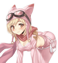 Rule 34 | 10s, 1girl, alternate costume, ass, belt pouch, bent over, blonde hair, blush, breasts, brown eyes, cleavage, closed mouth, cowboy shot, crop top, djeeta (granblue fantasy), goggles, goggles on head, granblue fantasy, hat, hat with ears, lang (chikage36), long sleeves, looking at viewer, medium breasts, midriff, pants, pink pants, pouch, short hair, simple background, smile, solo, stitches, swept bangs, thigh gap, thigh strap, white background