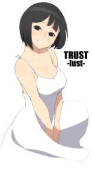 Rule 34 | 1girl, accio, bad id, bad twitter id, bare shoulders, black eyes, black hair, bob cut, breasts, character name, cleavage, dress, looking at viewer, lust (deadly sins), original, seven deadly sins, short hair, simple background, smile, solo, strap gap, sundress, trust (accho), white background, white dress