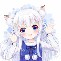 Rule 34 | 1girl, :d, ahoge, animal ear fluff, animal ears, blue dress, blue eyes, blue ribbon, blush, cat ears, collared dress, commentary request, dress, fang, fengli (709622571), floral background, flower, hair flower, hair ornament, hair ribbon, hands up, head tilt, highres, long hair, long sleeves, looking at viewer, open mouth, original, pink flower, pom pom (clothes), ribbon, shirt, sleeveless, sleeveless dress, smile, solo, star (symbol), star hair ornament, upper body, white background, white hair, white shirt