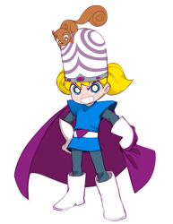 Rule 34 | 1girl, animal, animal on head, belt, bleedman, blonde hair, blue eyes, blue shirt, cape, copyright request, full body, gloves, green pants, grin, highres, long sleeves, mojo jojo, on head, pants, powerpuff girls, red cape, shirt, simple background, smile, solo, squirrel, standing, teeth, twintails, white background, white belt, white footwear, white gloves