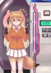 Rule 34 | 10s, 1girl, animal ears, blonde hair, card, ezo red fox (kemono friends), fox ears, fox tail, highres, holding, holding card, kemono friends, kosai takayuki, long hair, looking at viewer, pantyhose, skirt, solo, tail, text focus, translation request, white skirt, yellow eyes