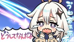 Rule 34 | 1girl, bad id, bad pixiv id, chibi, commentary request, crying, dress, falling star, genshin impact, grey eyes, hair between eyes, halo, hands up, long sleeves, mashiro miru, open mouth, paimon (genshin impact), puffy long sleeves, puffy sleeves, silver hair, sleeves past wrists, solo, streaming tears, tears, translated, wavy mouth, white dress