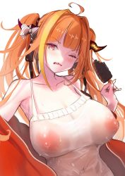 Rule 34 | 1girl, absurdres, ahoge, armpits, bad id, bad pixiv id, bare shoulders, blonde hair, blunt bangs, blush, breasts, camisole, cleavage, covered navel, fangs, food, frills, hair intakes, highres, holding, holding food, hololive, kiryu coco, kiryu coco (loungewear), large areolae, large breasts, long hair, looking at viewer, multicolored hair, nail polish, nipples, one eye closed, open clothes, open mouth, orange hair, orange nails, pointy ears, popsicle, raeran, red eyes, see-through, simple background, skin fangs, solo, streaked hair, sweat, twintails, two-tone hair, upper body, v-shaped eyebrows, very long hair, virtual youtuber, wet, wet clothes, white background