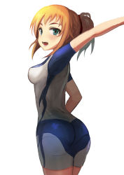 Rule 34 | 10s, 1girl, aqua eyes, arm up, ass, bad id, bad pixiv id, blush, bodysuit, breasts, brown hair, cowboy shot, from behind, gundam, gundam build fighters, gundam build fighters try, highres, hoshino fumina, looking at viewer, medium breasts, open mouth, ponytail, rods, short hair, solo, white background