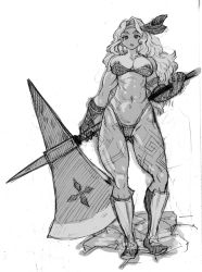 Rule 34 | 1girl, abs, amazon (dragon&#039;s crown), amazon warrior, armlet, armor, axe, bad id, bad pixiv id, bikini armor, blonde hair, boots, breasts, circlet, dragon&#039;s crown, feathers, gloves, greyscale, halberd, large breasts, long hair, monochrome, muscular, muscular female, nipple slip, nipples, polearm, shiwasu no okina, solo, tattoo, thick thighs, thighs, vanillaware, weapon