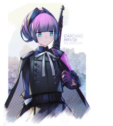 Rule 34 | 1girl, arm behind back, blue eyes, bolt action, cape, carcano, carcano m91/38 (girls&#039; frontline), character name, commentary request, girls&#039; frontline, gloves, gun, gun on back, kky, long sleeves, purple gloves, purple hair, rifle, solo, twitter username, upper body, weapon, weapon on back, white background