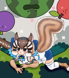 Rule 34 | 1girl, animal ears, black eyes, boots, brown hair, chipmunk ears, chipmunk girl, chipmunk tail, edamamezooooo, elbow gloves, extra ears, gloves, kemono friends, kemono friends v project, looking at viewer, microphone, ribbon, shirt, short hair, shorts, siberian chipmunk (kemono friends), sleeveless, sleeveless shirt, tail, thighhighs, vest, virtual youtuber