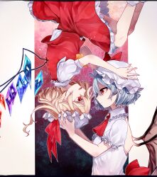 Rule 34 | 2girls, ascot, back bow, backless outfit, bad id, bad pixiv id, bat wings, blonde hair, blue hair, bow, brooch, closed mouth, collared shirt, crystal, eye contact, feet out of frame, flandre scarlet, frilled shirt collar, frilled sleeves, frills, from side, hair between eyes, hands on another&#039;s head, hat, highres, impossible clothes, impossible hair, jewelry, katai (nekoneko0720), large bow, looking at another, medium hair, mob cap, multicolored wings, multiple girls, open mouth, puffy short sleeves, puffy sleeves, red ascot, red bow, red brooch, red eyes, red skirt, red vest, remilia scarlet, shirt, short sleeves, siblings, sisters, skirt, socks, touhou, upper body, upside-down, vest, white headwear, white shirt, white socks, wings, yellow ascot