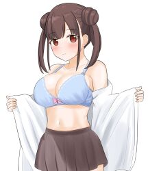 Rule 34 | 1girl, absurdres, bare shoulders, blue bra, blush, bra, breasts, brown hair, brown skirt, cleavage, closed mouth, collarbone, cowboy shot, double bun, hair bun, highres, holding, holding towel, idolmaster, idolmaster shiny colors, large breasts, long hair, looking at viewer, midriff, navel, oohashi ayaka (artist), open towel, pleated skirt, red eyes, shy, simple background, skirt, solo, sonoda chiyoko, sweatdrop, towel, twintails, underwear, white background, white towel