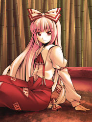 Rule 34 | 1girl, bamboo, bamboo forest, bow, female focus, forest, fujiwara no mokou, hair bow, kumakichi (kuma-ana), light smile, long hair, nature, red eyes, silver hair, sitting, smile, solo, suspenders, touhou
