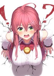 Rule 34 | !, 1girl, ?, absurdres, ahoge, bell, blush, bow, bowtie, breasts, collared shirt, commentary request, detached sleeves, green eyes, hair between eyes, hair ornament, hairclip, hanging breasts, highres, hololive, jingle bell, large breasts, long hair, looking at viewer, neck bell, official alternate costume, open mouth, pink hair, red bow, red bowtie, red hair, sakura miko, sakura miko (casual), shirt, solo, starkamisan, stuck, sweatdrop, through wall, virtual youtuber, wavy mouth, white shirt