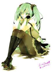 Rule 34 | 1girl, artistic error, bad id, bad pixiv id, boots, crossed legs, fingerless gloves, full body, gloves, green eyes, green hair, hatsune miku, head rest, high heel boots, high heels, highres, knee boots, long hair, matching hair/eyes, necktie, open shoes, panties, panties under pantyhose, pantyhose, pantyshot, scrunchie, shoes, simple background, sitting, skirt, solo, striped clothes, striped panties, sudou kira, twintails, underwear, very long hair, vocaloid