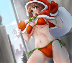 Rule 34 | 1girl, bikini, boko (girls und panzer), breasts, brown eyes, brown hair, carrying over shoulder, day, girls und panzer, gloves, hat, highres, holding, holding sack, kabutowari, large breasts, looking at viewer, navel, nishizumi miho, open mouth, outdoors, red bikini, sack, santa costume, santa gloves, santa hat, short hair, side-tie bikini bottom, solo, swimsuit