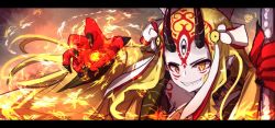 Rule 34 | 1girl, absurdres, bad id, bad twitter id, blonde hair, collarbone, earrings, facial mark, fate/grand order, fate (series), forehead mark, grin, highres, holding, horns, ibaraki douji (fate), japanese clothes, jewelry, kimono, long hair, looking at viewer, oni, oni horns, orange eyes, pointy ears, protected link, sharp teeth, smile, solo, teeth, wada kazu, yellow kimono