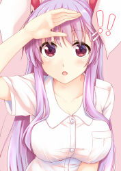 Rule 34 | !, !!, 1girl, :o, animal ears, bad id, bad pixiv id, blush, breasts, buttons, hair ornament, hairclip, hand up, hisae (hisae collect), large breasts, leaning forward, looking at viewer, pink background, pink hair, rabbit ears, red eyes, reisen udongein inaba, shirt, short sleeves, simple background, solo, touhou, upper body, white shirt, wing collar
