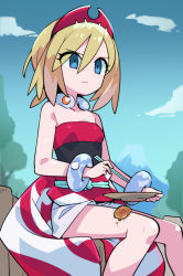 Rule 34 | 1girl, blonde hair, blue eyes, bracelet, chopsticks, closed mouth, cloud, collar, commentary request, commission, creatures (company), day, dropping, eyelashes, food on body, food on legs, game freak, hair between eyes, hairband, holding, holding chopsticks, holding plate, imomochi, irida (pokemon), jewelry, knees, medium hair, nintendo, outdoors, pixiv commission, plate, pokemon, pokemon legends: arceus, red hairband, red shirt, sash, shirt, shorts, sitting, sky, solo, strapless, strapless shirt, stroma, white shorts