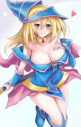 Rule 34 | 1girl, bare shoulders, blonde hair, blue dress, blue hat, blush, blush stickers, breasts, choker, cleavage, closed mouth, dark magician girl, dress, foot out of frame, green eyes, hair between eyes, hat, heart, highres, holding, holding wand, large breasts, looking at viewer, pentagram, r-binon, short dress, smile, solo, wand, wizard hat, yu-gi-oh!